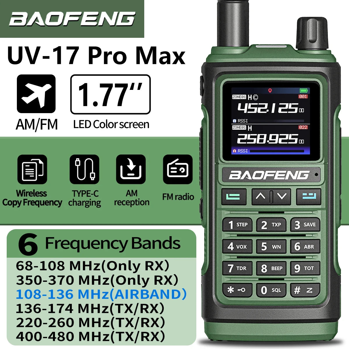 Baofeng UV17 Air Band Walkie Talkie 999 CH Draadloze kopieerfrequentie NOAA Zes bands Amateur Ham Tweerichtingsradio voor