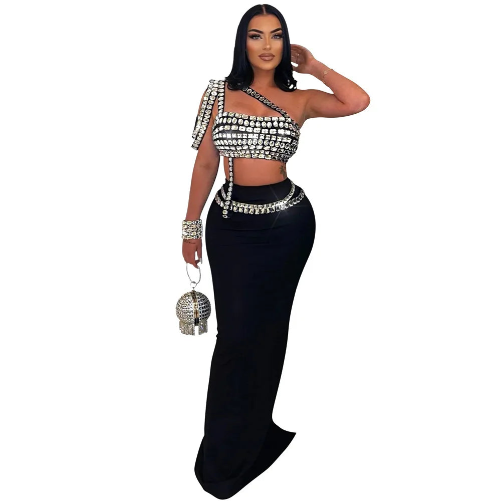 Women Dress Sets Floor Length Buttocks Skirts Two Pieces Set Matching Sets Diamonds Camisole High Street Party Night Evening