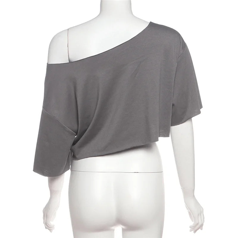 SylCue Letter Print Oversized T-shirt Women Skew Collar Short Sleeves Off Shoulders Irregular Hem Hip-hop Style Trend Crop Tops