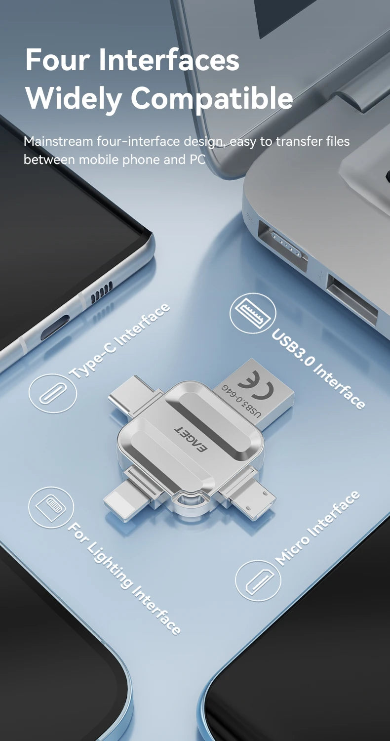 EAGET 4-in-1 OTG USB 3.0 Flash Drive[32GB/64GB/128GB/256GB] Type C Lightning Micro USB for iPhone Android, Memory Stick - i71