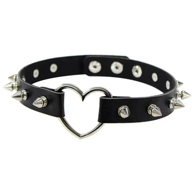 1PC Punk Rock Gothic PU Leather Necklace Heart Round Spike Rivet Collar Studded Choker Chain Necklace Handmade Jewelry