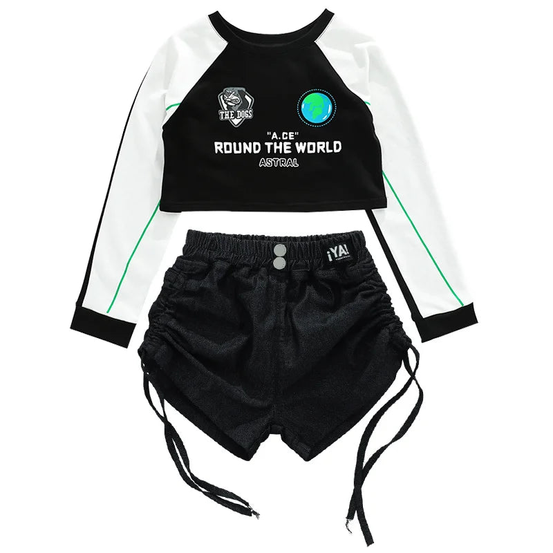 junior girls Hip hop Street Dance Jazz Clothes Set Vest Short hoodie Cagro Pants (short) Streetwear junior Child Kid outfits 170