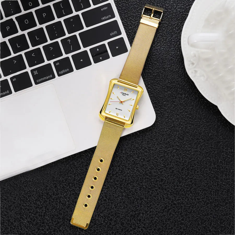 2024 New Trendy Men's Square Watch Business Luxury Large Dial Gold Mesh Band Scale Fashion Men's Quartz Watch