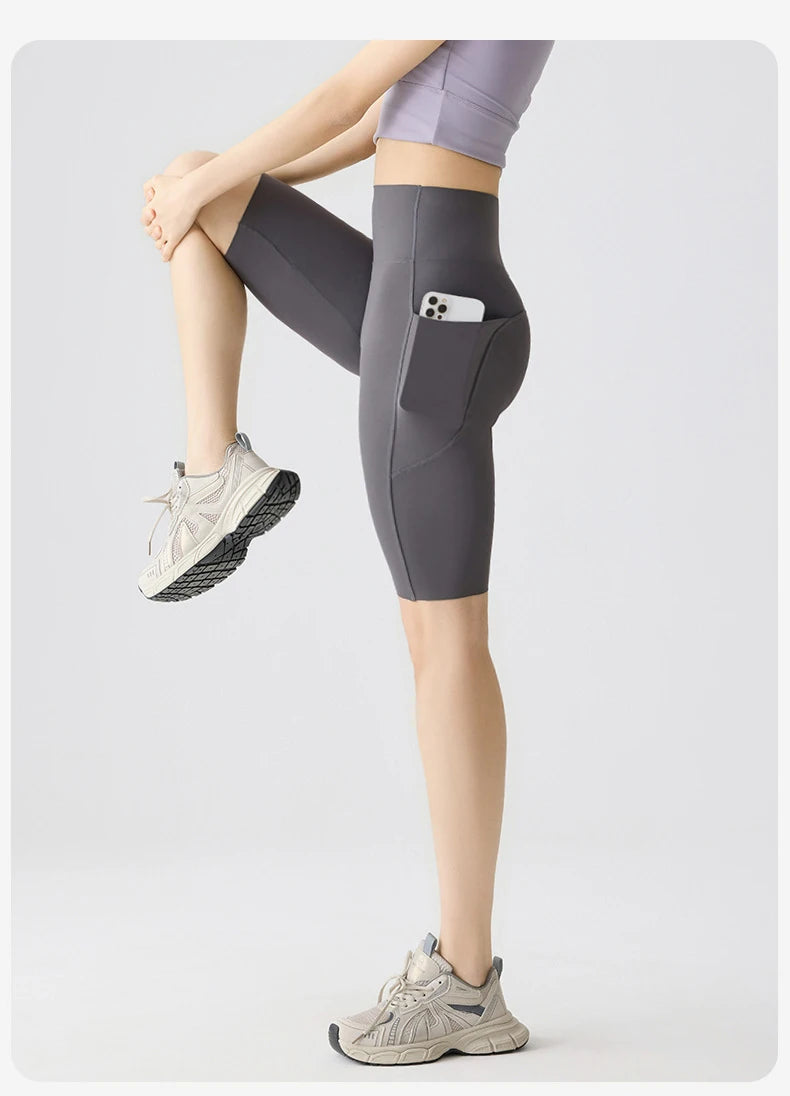BIVIGAOS Summer Pocket Yoga Sharkskin Bicycle Shorts Women Thin High Waist Push Up Naked Feeling Sports  Fitness Cycling Shorts