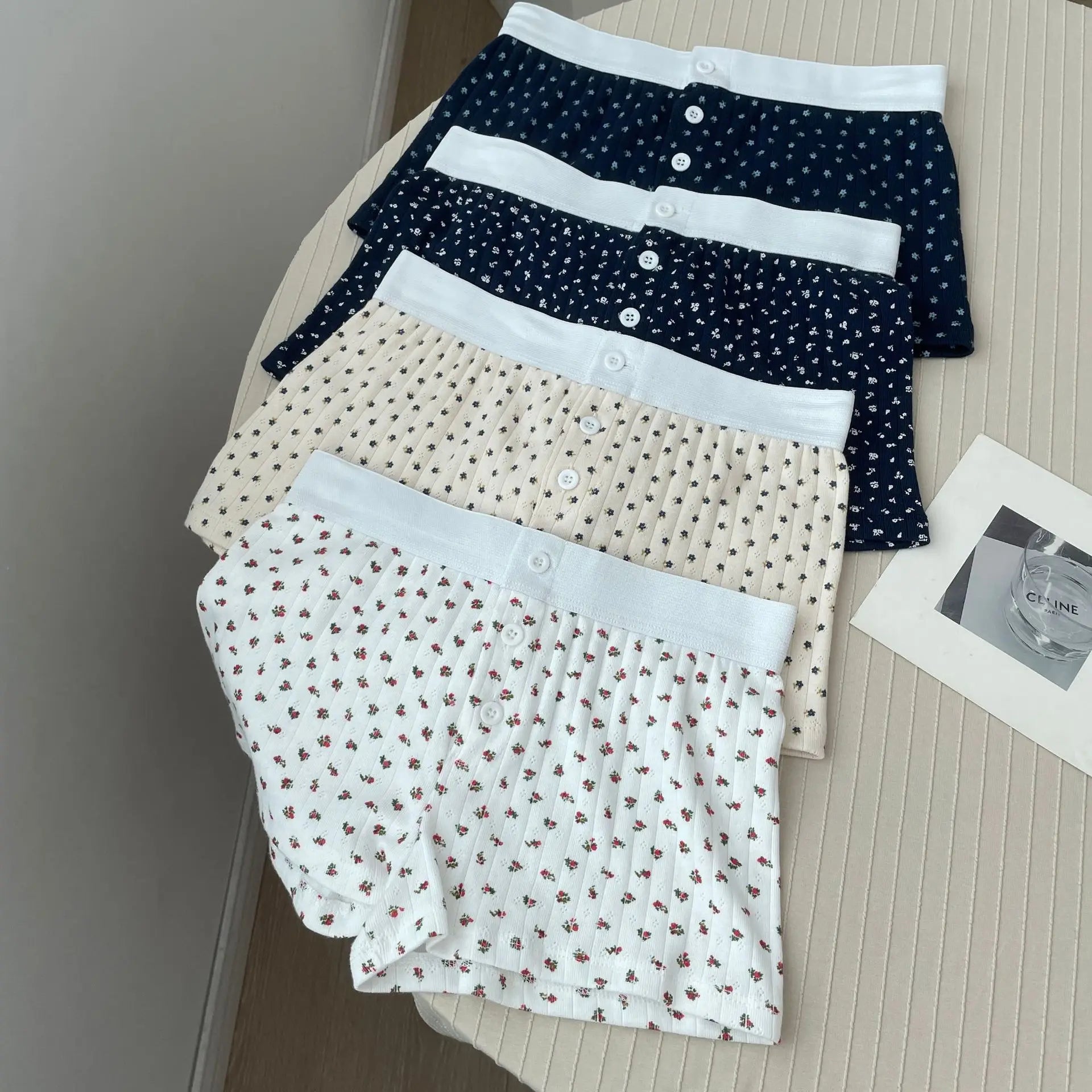 Floral Eyelet Cotton Boy Shorts Woman Summer Three Buttons Patchwork Elastic Waist Straight Short Pant Sweet Cute Home Underwear