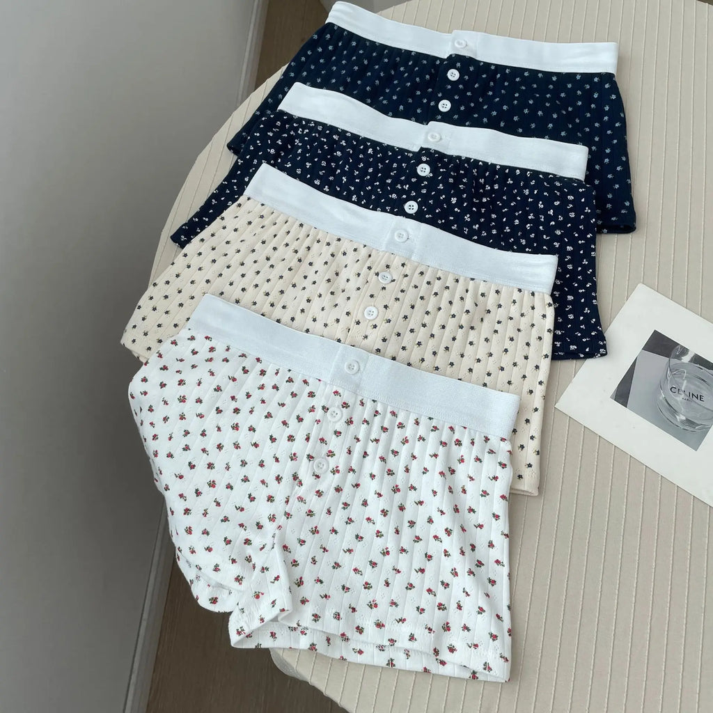 Floral Eyelet Cotton Boy Shorts Woman Summer Three Buttons Patchwork Elastic Waist Straight Short Pant Sweet Cute Home Underwear