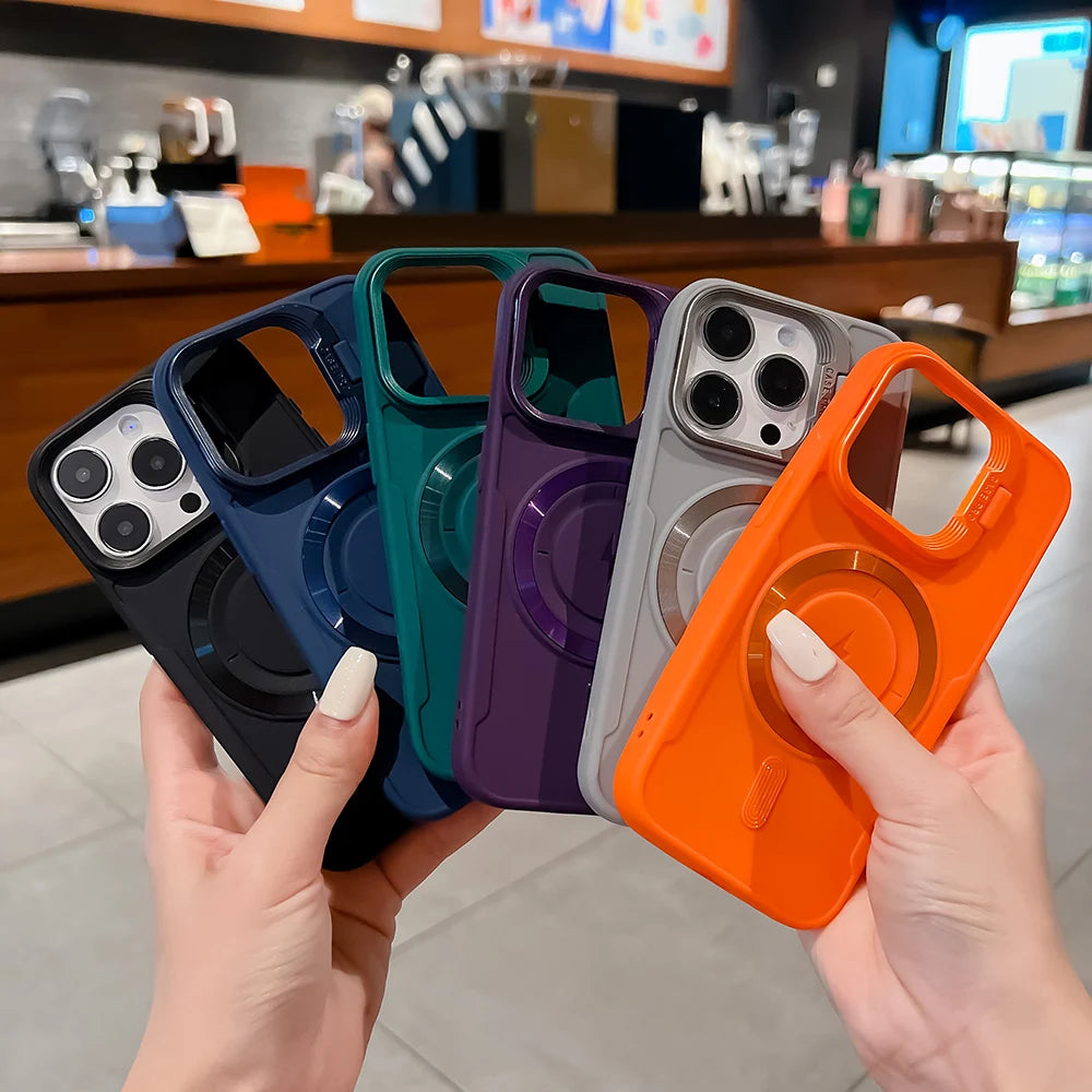 Luxury Flip Up Lens Holder Magnetic Case For iPhone 17 Air 16 Pro Max 14 15 13 12 11 Pro Plus Magsafe Charge Soft Silicone Cover