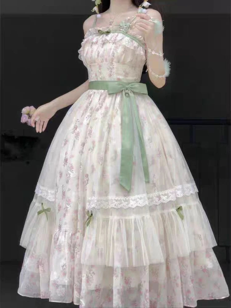 Design Sweet Summer Sling Dress 2-piece Set Women Fashion France Bow Lace Print Fairy Dresses Elegant Chic New Sunscreen Shirt