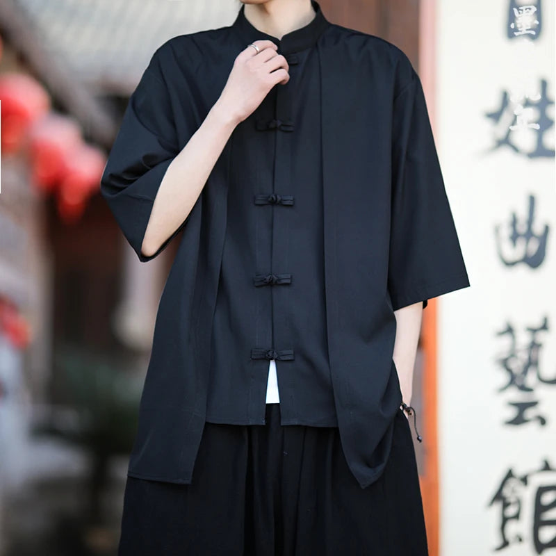 Chinese Shirt Men Ice Silk Chinese Style Comfortable Breathable Retro Shirt  Men Casual Summer Loose Fit Fashion Solid Color Top