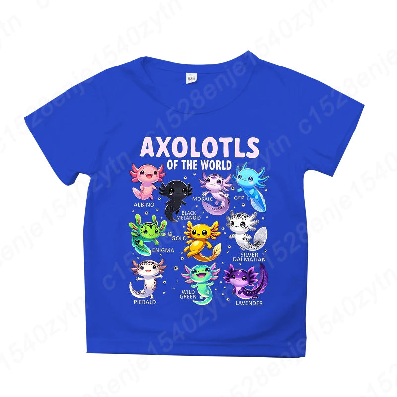 Colorful Cartoon Axolotls Graphic Print Tee, Girls' Casual & Comfy Crew Neck Short Sleeve T-shirt For Spring & Summer