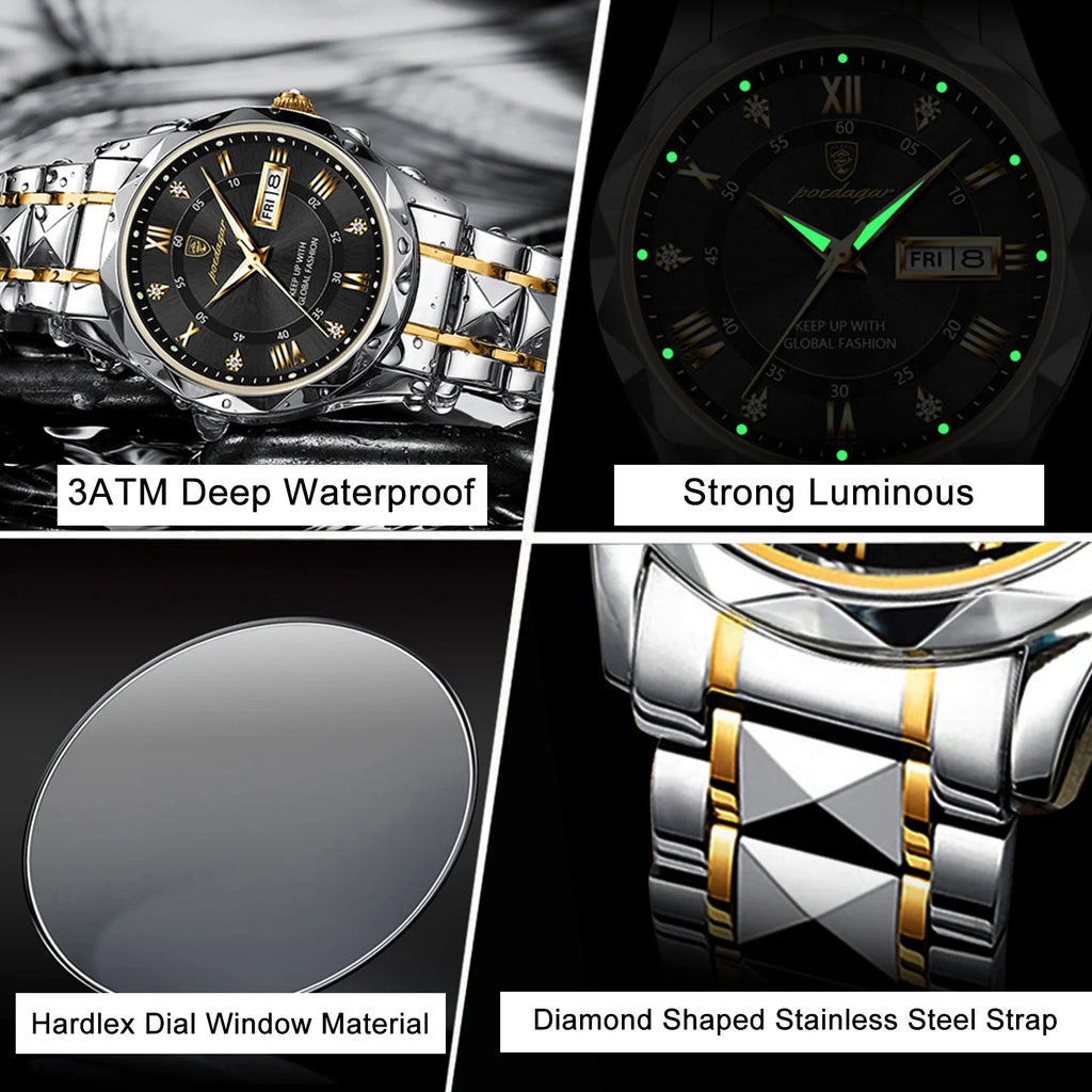 POEDAGAR Luxury Brand Men's Watches Waterproof Stainless Steel Luminous Man Wristwatch Date Week Quartz Business Men Clock Reloj