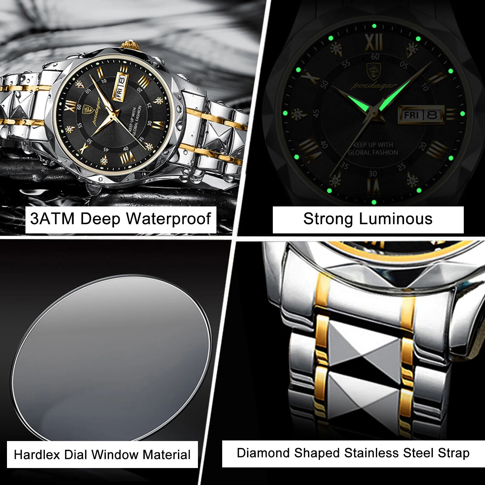 POEDAGAR Luxury Brand Men's Watches Waterproof Stainless Steel Luminous Man Wristwatch Date Week Quartz Business Men Clock Reloj