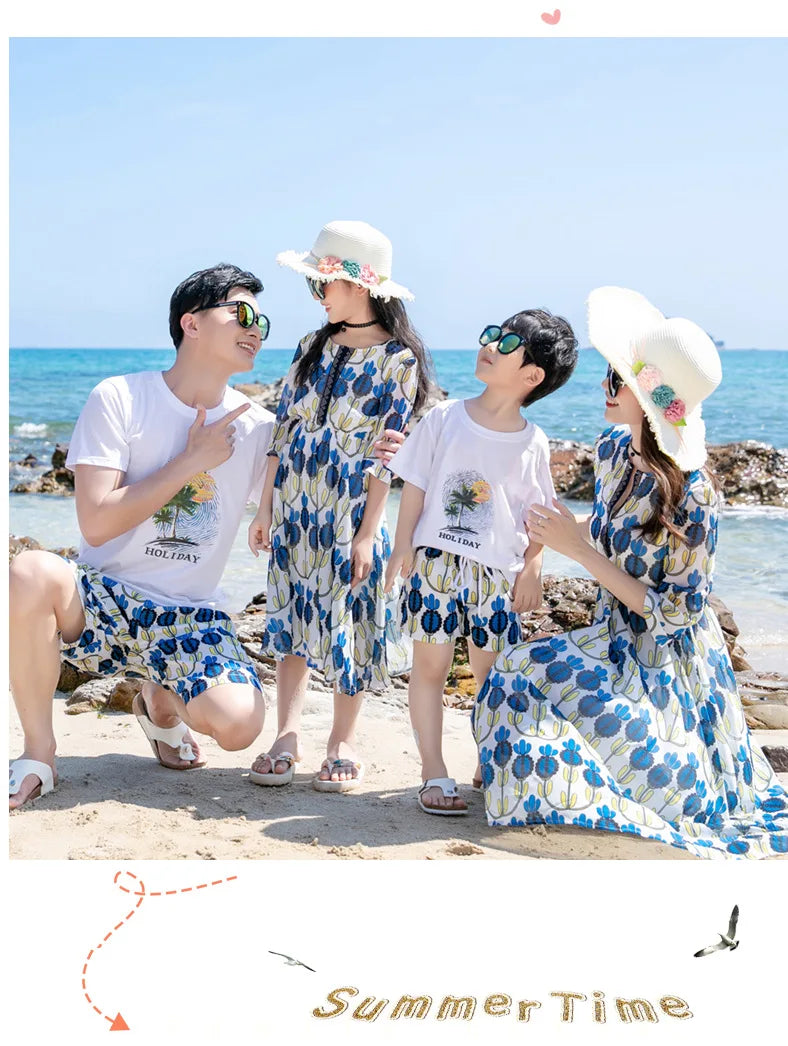 Vacation Look Family Matching Clothes for Parents and Children Outfits Daughter Mom Dress Son Dad T Shirts Shorts Two Piece Sets