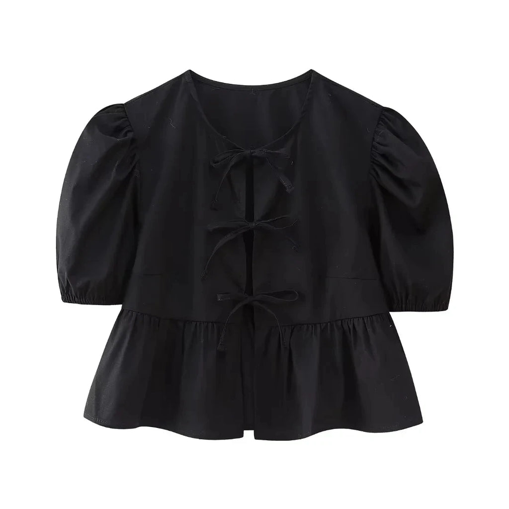 HH Women Causal O Neck Short Puff Sleeve Shirt Sweet White Bow Lace Up Tops 2024 New Fashion Chic Female Streetwear Blouse