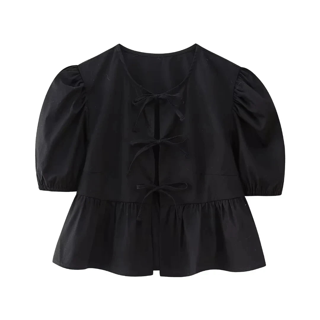 HH Women Causal O Neck Short Puff Sleeve Shirt Sweet White Bow Lace Up Tops 2024 New Fashion Chic Female Streetwear Blouse