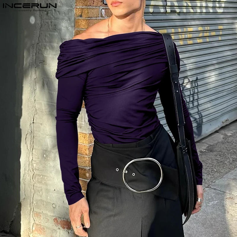 Sexy Fashion Style Tops INCERUN Men's Solid One-shoulder T-shirt Casual Clubwear Male Hot Sale Long Sleeved Camiseta S-5XL 2024