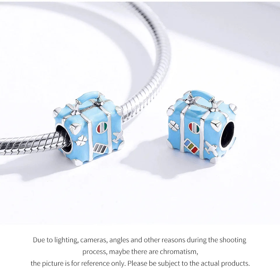 BISAER 925 Sterling Silver Summer Vacation Charm Bead Lipstick Sunglasses High Heels Airplane Pendant Fit Women DIY Bracelet