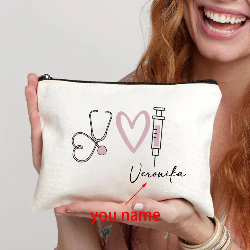 Stethoscope Nurse Custom Name Canvas Bag Organizer Travel Storage Medicine Bags Perfume Lipstick Pouch Personalized Gift Nurses
