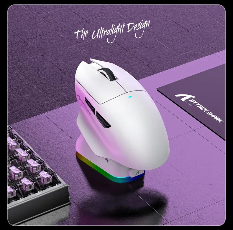 V6 ATTACK SHARK 25000DPI Wireless Mouse,Bluetooth Tri-Mode Connection,Touch Magnetic Charging Base , Macro Gaming Mouse