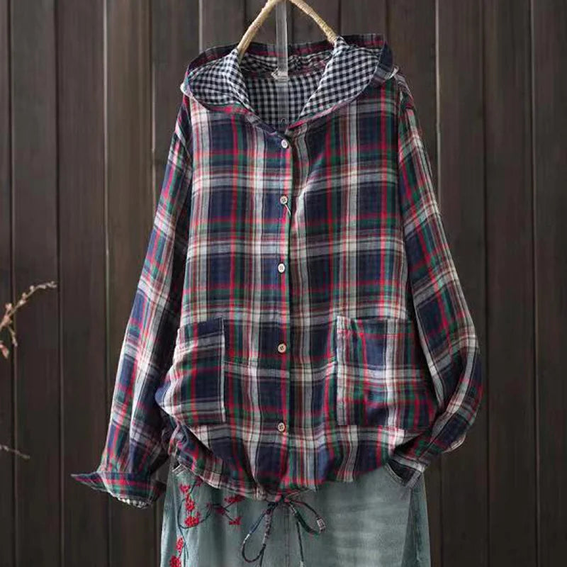 Large size blouses for women autumn hooded long sleeve single-breasted plaid shirts cotton checkered oversized shirt outwear