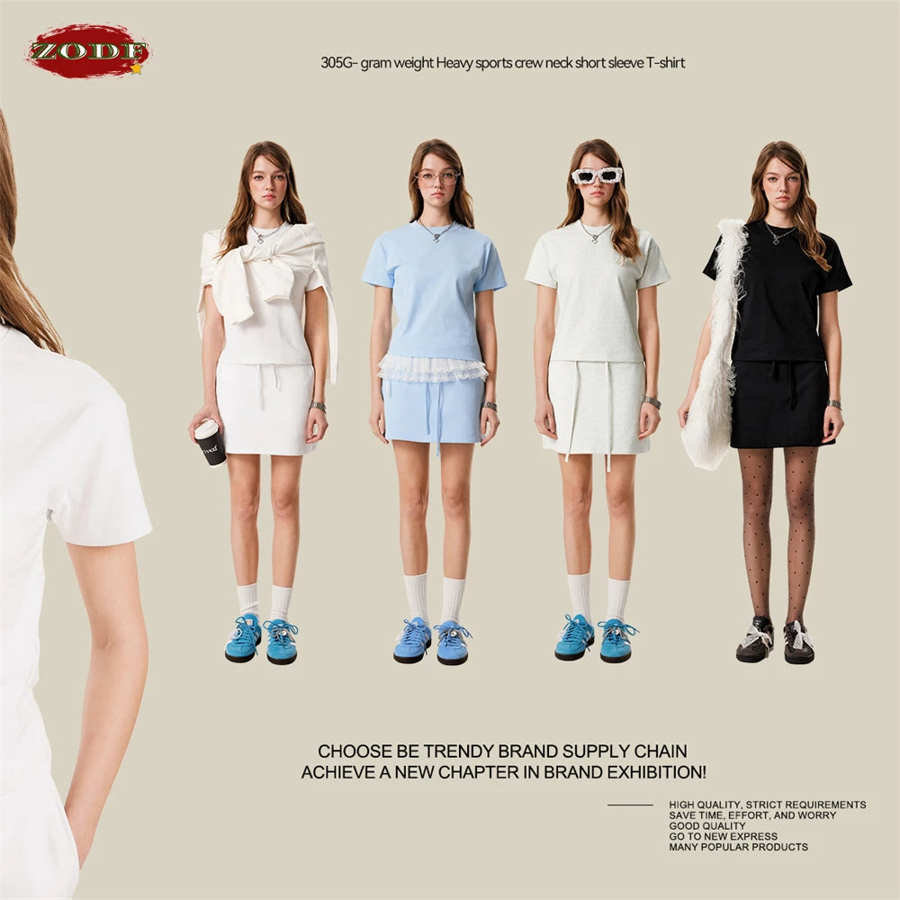 ZODF Women 2025 Spring 305gsm Cotton T-Shirts American Retro Hotsweet Girl Solid Comfortable T Shirt Brand Tees HY0968