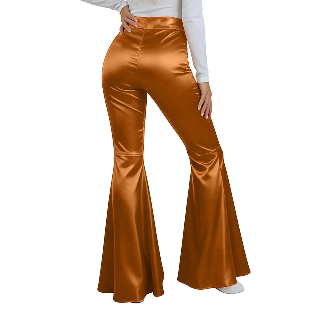 Women's Sequin Flared Pants High Waist Shiny Disco Party Trousers Loose Fit Dance Club Stretchy Bell Bottom Wide Leg Trousers