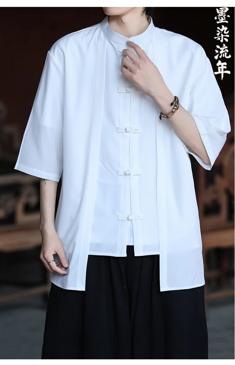 Chinese Shirt Men Ice Silk Chinese Style Comfortable Breathable Retro Shirt  Men Casual Summer Loose Fit Fashion Solid Color Top