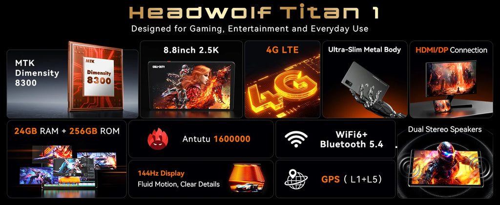 World Premiere Headwolf TiTan1 4G LTE Tablet MTK Dimensity 8300 Dual SIM Slot 8.8" 12G+256GB ROM Android15 7200mAh Gaming Tablet