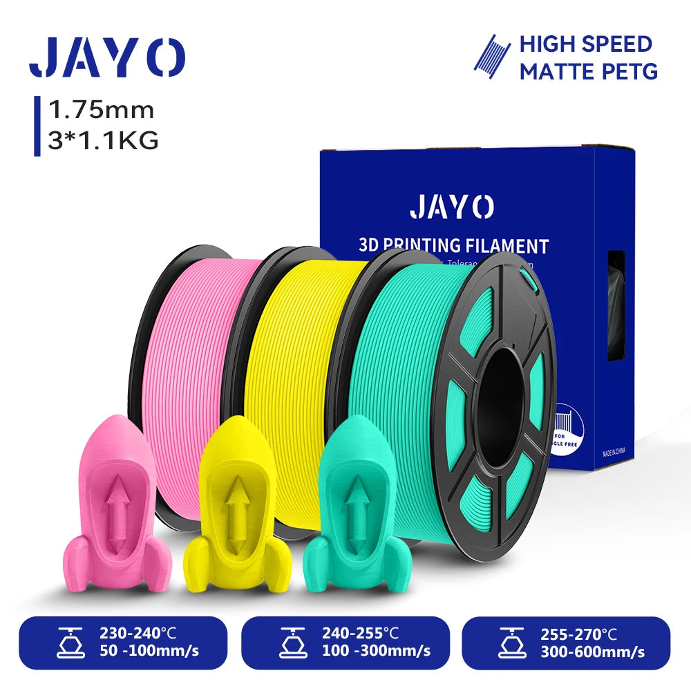 JAYO PETG/High Speed Matte PETG 3D Printing Filament 1.75MM Mix-Colors & No bubbles &Non-toxic For 3D Printer & Pen 3Rolls