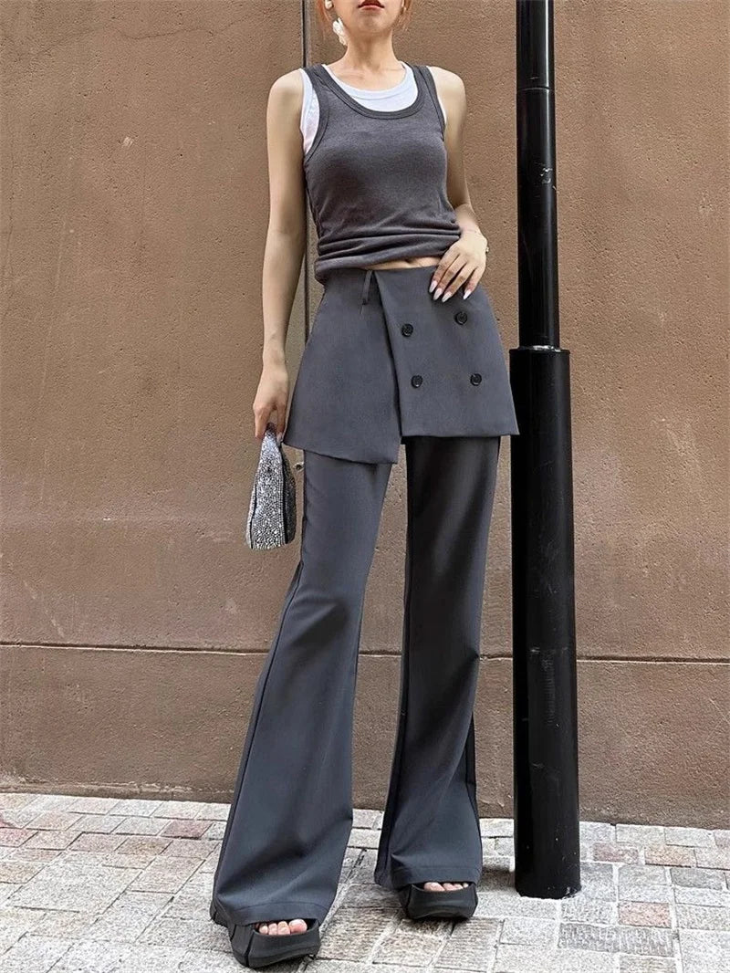 Korean Women's Apron Pants Short Skirt Patchwork Fashion High Street Fake Two Pants Solid Color High Waist Flared Pants 937P