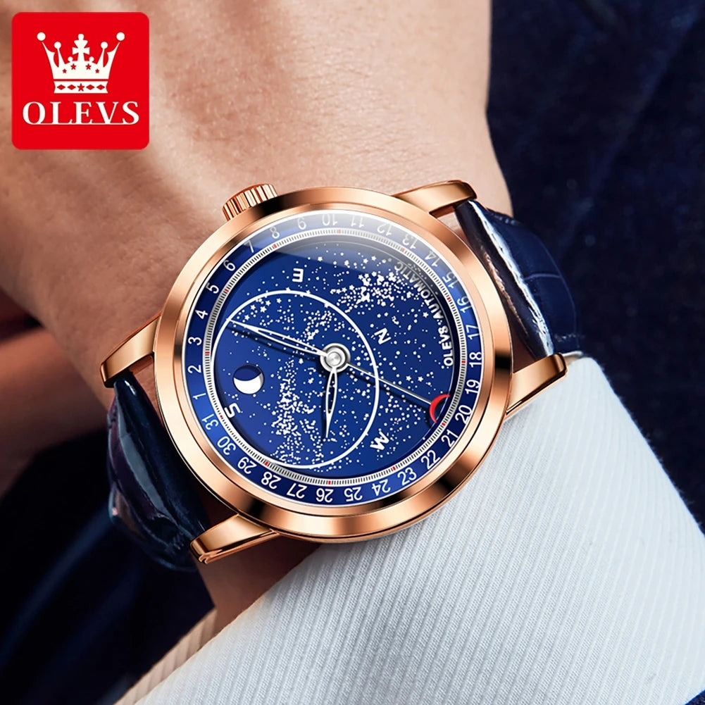 OLEVS 9923 Mens Watch Luxury Original Automatic Mechanical Watch Leather Strap Waterproof Luminous Starry Dial Watch For Men