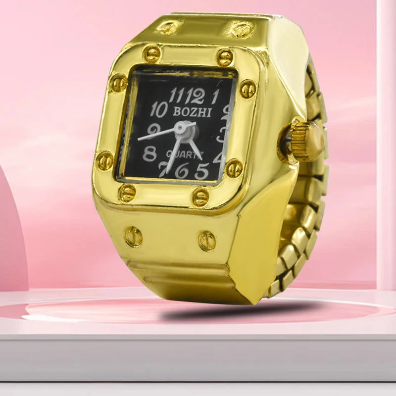 The New Best-Selling Ring Watch Features A Creative Golden Alloy Case With A Finger Square Dial For Couples And Men