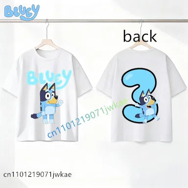 Bluey Birthday Number T-shirt 1-9 Y Kids Front Back Print Cute Cartoon Short Sleeve Boys Girls Summer Tops Birthday Party Gifts