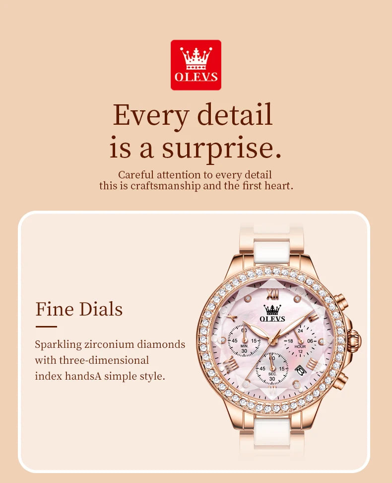 OLEVS Diamond Quartz Watch for Women Luxury Elegant Ceramics Strap Rhombic Mirror Ladies Wristwatch Waterproof Chronograph Clock