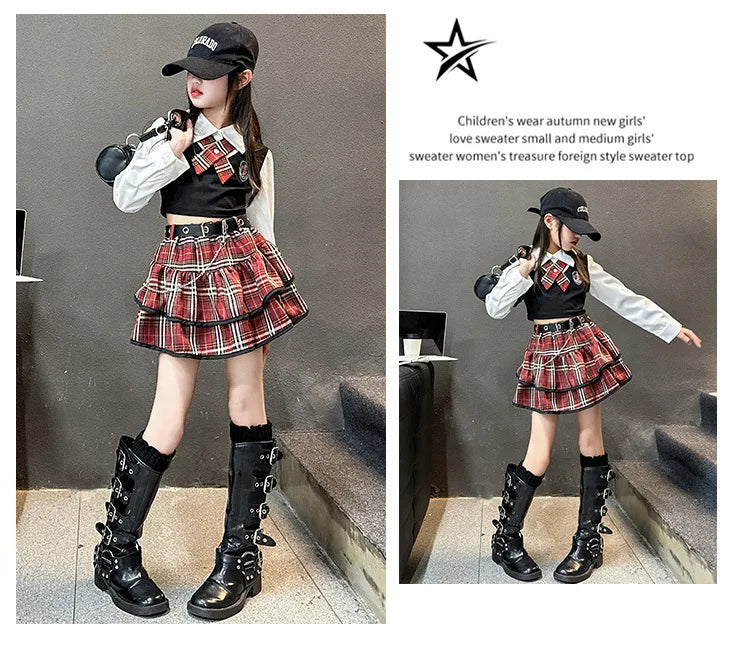 junior girls JK clothes Set Child Internet Celebrity Street Uniform suit Splicing shirt+checkered cake skirt+belt kids outfits
