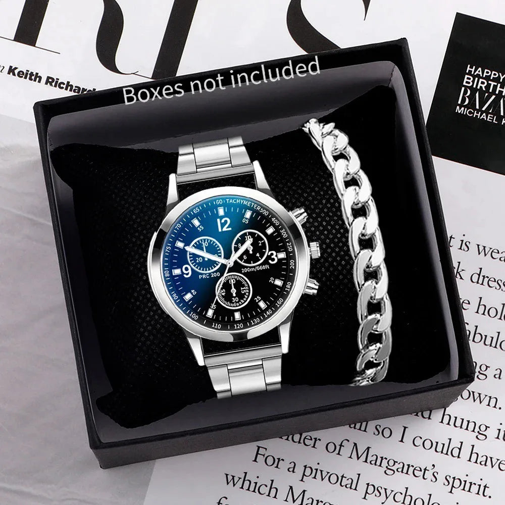 2Pcs/Set Fashion Mens Stainless Steel Bracelet Watches Luxury Quartz Wristwatch Clock Business Casual Watch Relogio Masculino