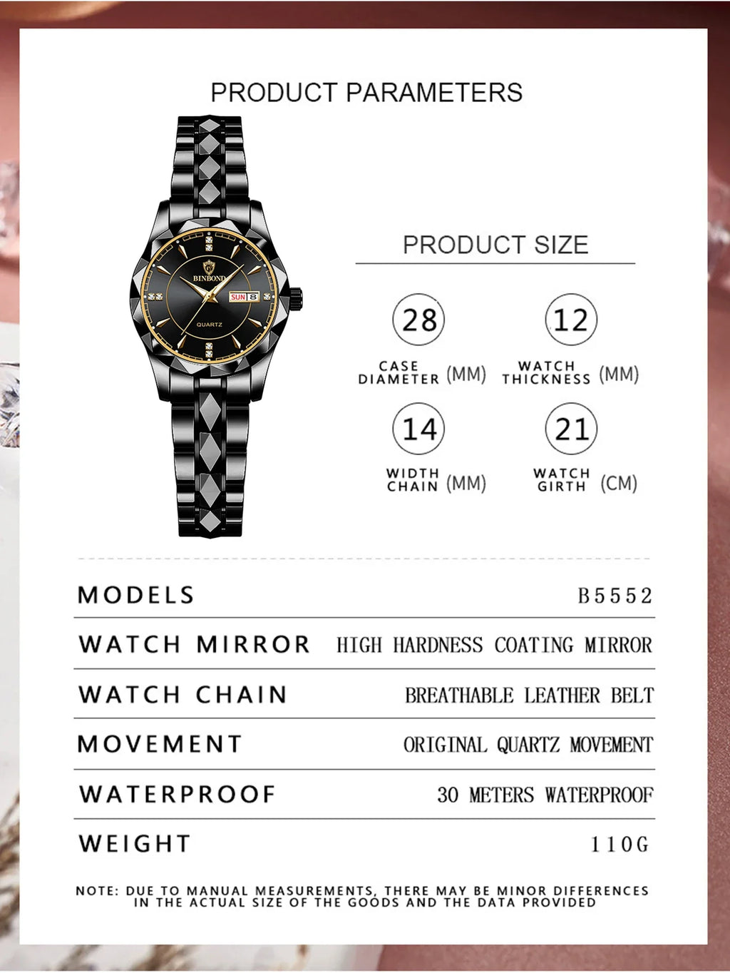 BINBOND B5552 New Luxury Brand Quartz Women's Watches 30M Waterproof Luminous Date Wristwatch Fashion Business Womens Watches
