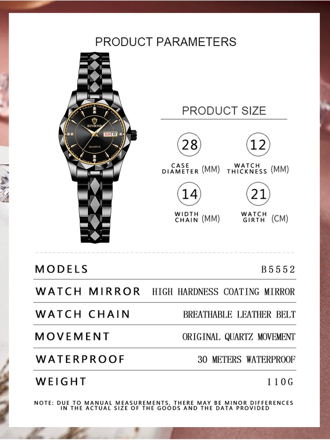 BINBOND B5552 New Luxury Brand Quartz Women's Watches 30M Waterproof Luminous Date Wristwatch Fashion Business Womens Watches