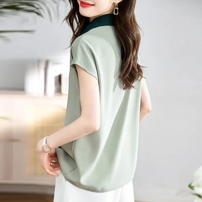 Elegant Lapel Button Spliced All-match Shirt Women's Clothing 2025 Summer New Loose Casual Tops Short Sleeve Office Lady Blouse