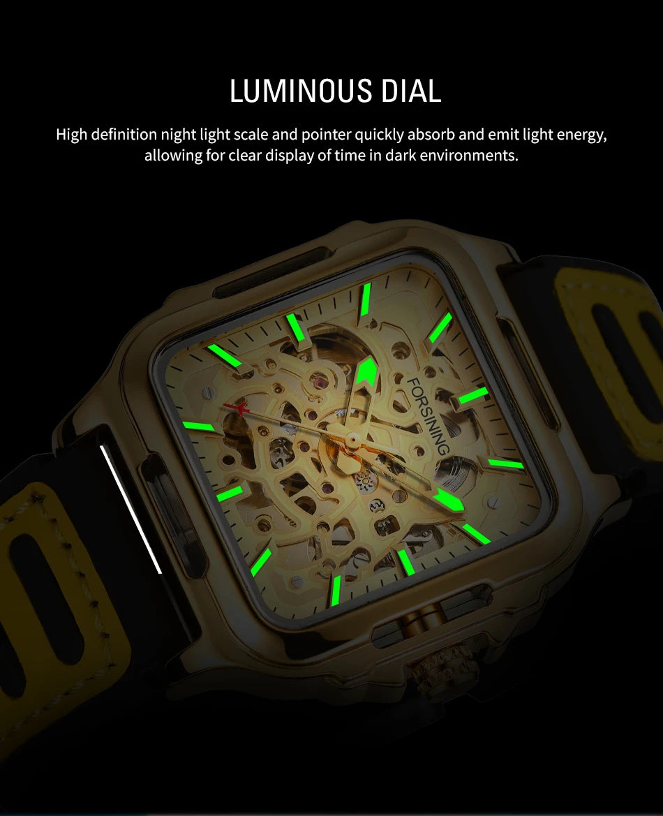 FORSINING Original Square Skeleton Mechanical Man Wristwatches Automatic Movement Field Sports Waterproof Silicone Replica Watch