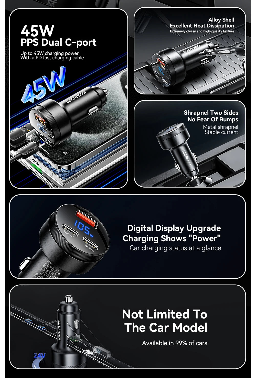Essager 105W USB Car Charger Quick Charge 4.0 QC4.0 QC3.0 QC SCP PPS PD USB Type C Fast Charging For iPhone 14 15 Xiaomi Phone