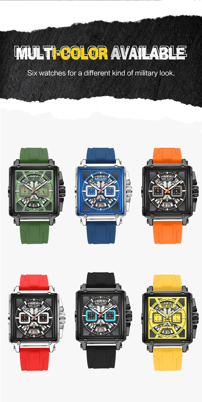 MEGIR Sport Watches for Men Waterproof Quartz Military Wristwatches Square Dial Male Chronograph Watch 24-hour Reloj Hombre 2233