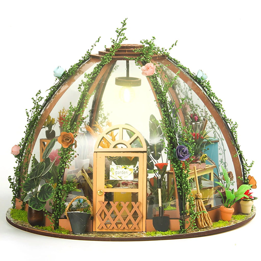 DIY Miniature Garden House Kit with Furniture and LED Light DIY Dollhouse Craft Set Gifts Wooden Greenhouse Model Building Kits