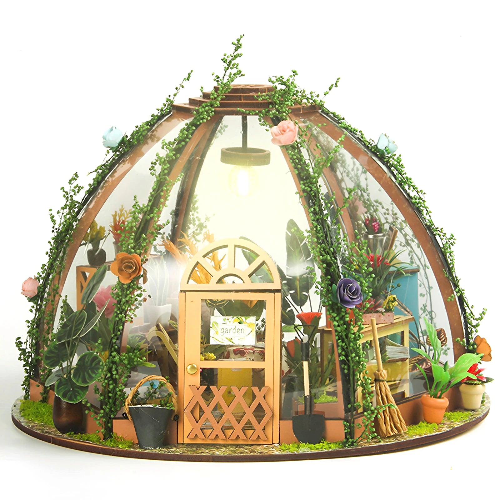 DIY Miniature Garden House Kit with Furniture and LED Light DIY Dollhouse Craft Set Gifts Wooden Greenhouse Model Building Kits