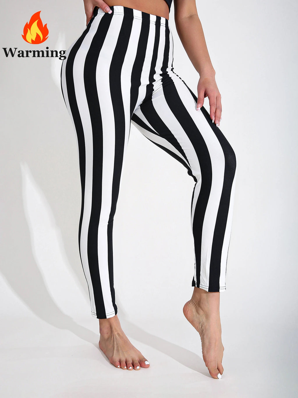 Autumn Winter 1PACK Women's Black White Thick Strip Velvet Thickened Sexy Tight Legging Casual Sports Elegant Fitness Yoga Pants