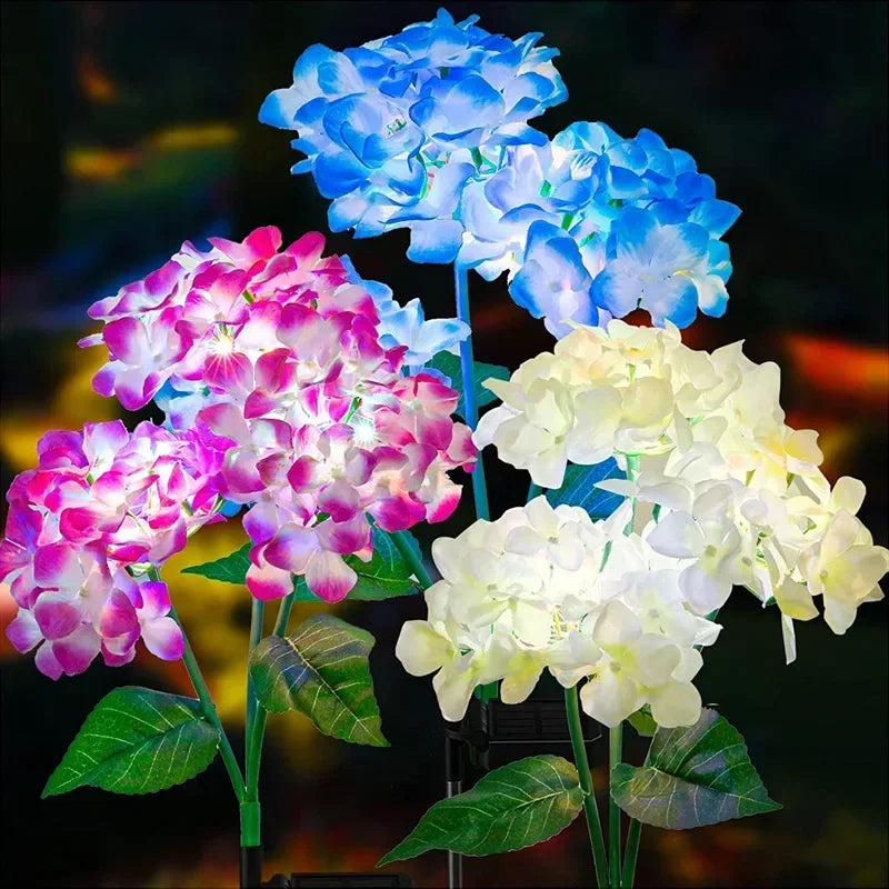 Garden Summer Home Weddig Holiday Decor 3 Heads Artificial Hydrangea Flower Landscape Ground Lights Outdoor Solar LED Lawn Lamp