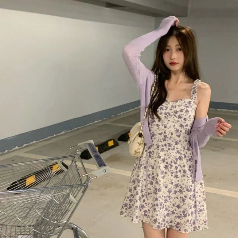 Lucyever Summer Purple Two-piece Sets Dress for Women Floral Slip Mini Dress+Sunscreen Shawl Cardigan Woman 2022 New Sundress