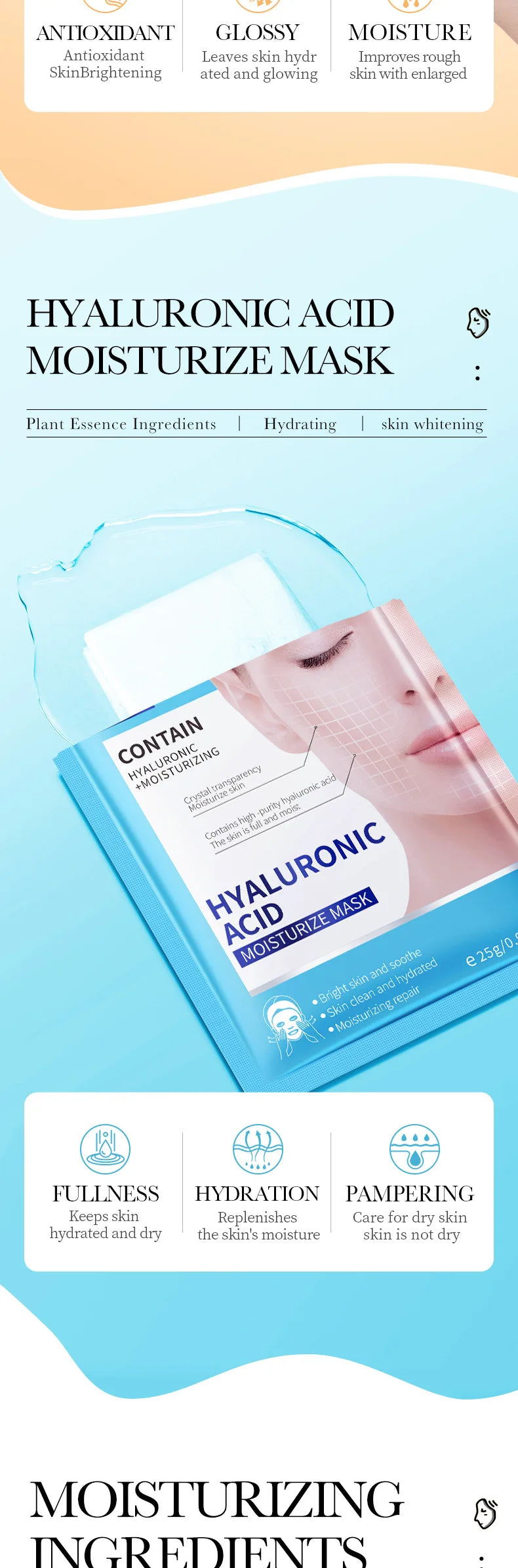 10pcs BIOAQUA  Hyaluronic Acid Retinol Collagen Facial Masks Hydrating Brightening Moisturizing Face Mask Facial Skin Care