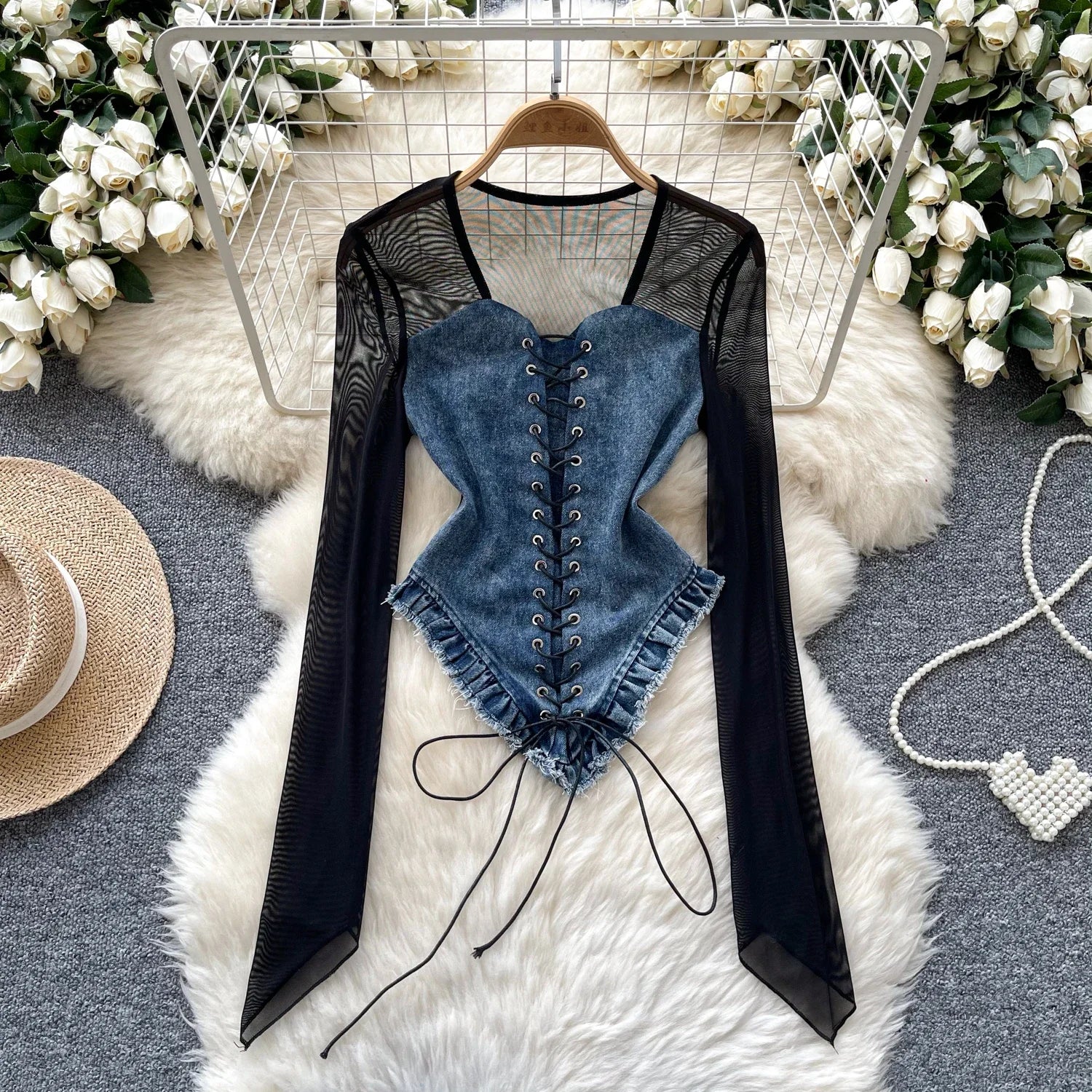 2025 New American Retro Patchwork Sexy Blouse Women Squre Neck Long Sleeves Sheer Top Streetwear Ins Lace Up Denim Shirt
