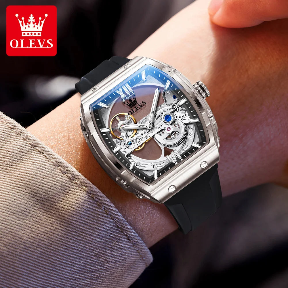 OLEVS 6779 Man Watch Skeleton Luxury Tonneau Mechanical Watches For Men Waterproof Silicone Strap Automatic Hand Clock Gifts Box